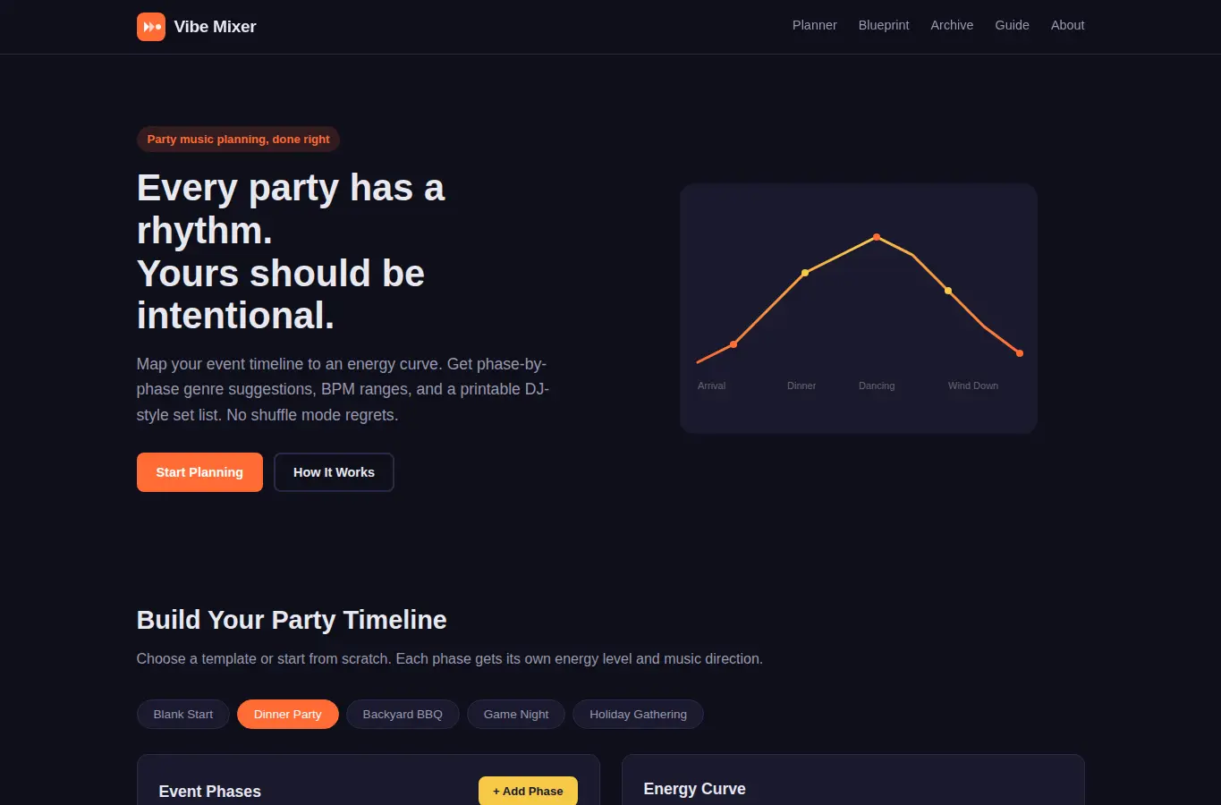 Screenshot of Party Playlist Vibe Mixer interface showing the project page in use